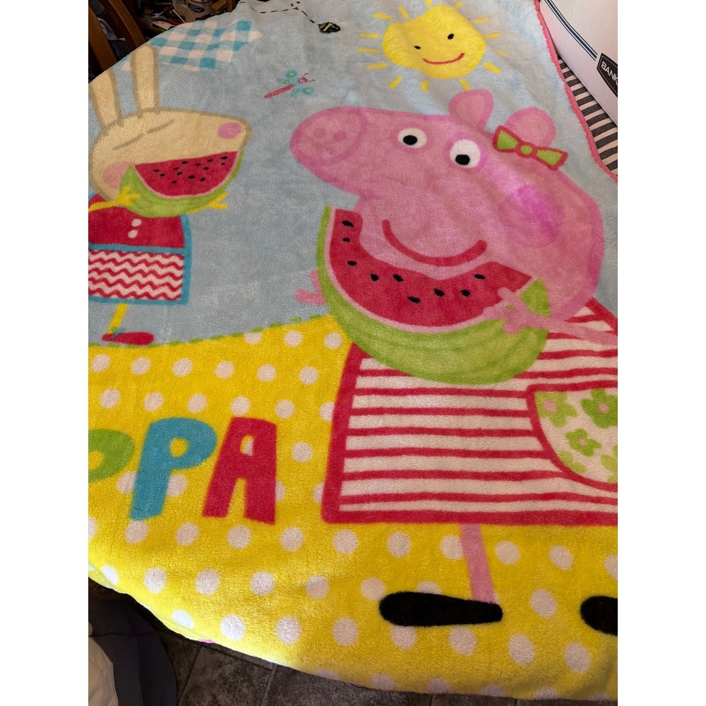 Peppa Pig Kids Fleece Throw Blanket Blue Yellow Watermelon Rebecca Rabbit 06/16